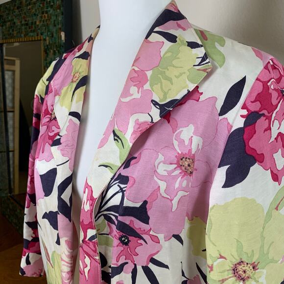 Coldwater Creek Petite Size PL Linen Silk Blend Floral Open Front Blazer Jacket - Picture 4 of 8